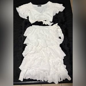 Elegant White Ruffled Midi Skirt Set beach cover up